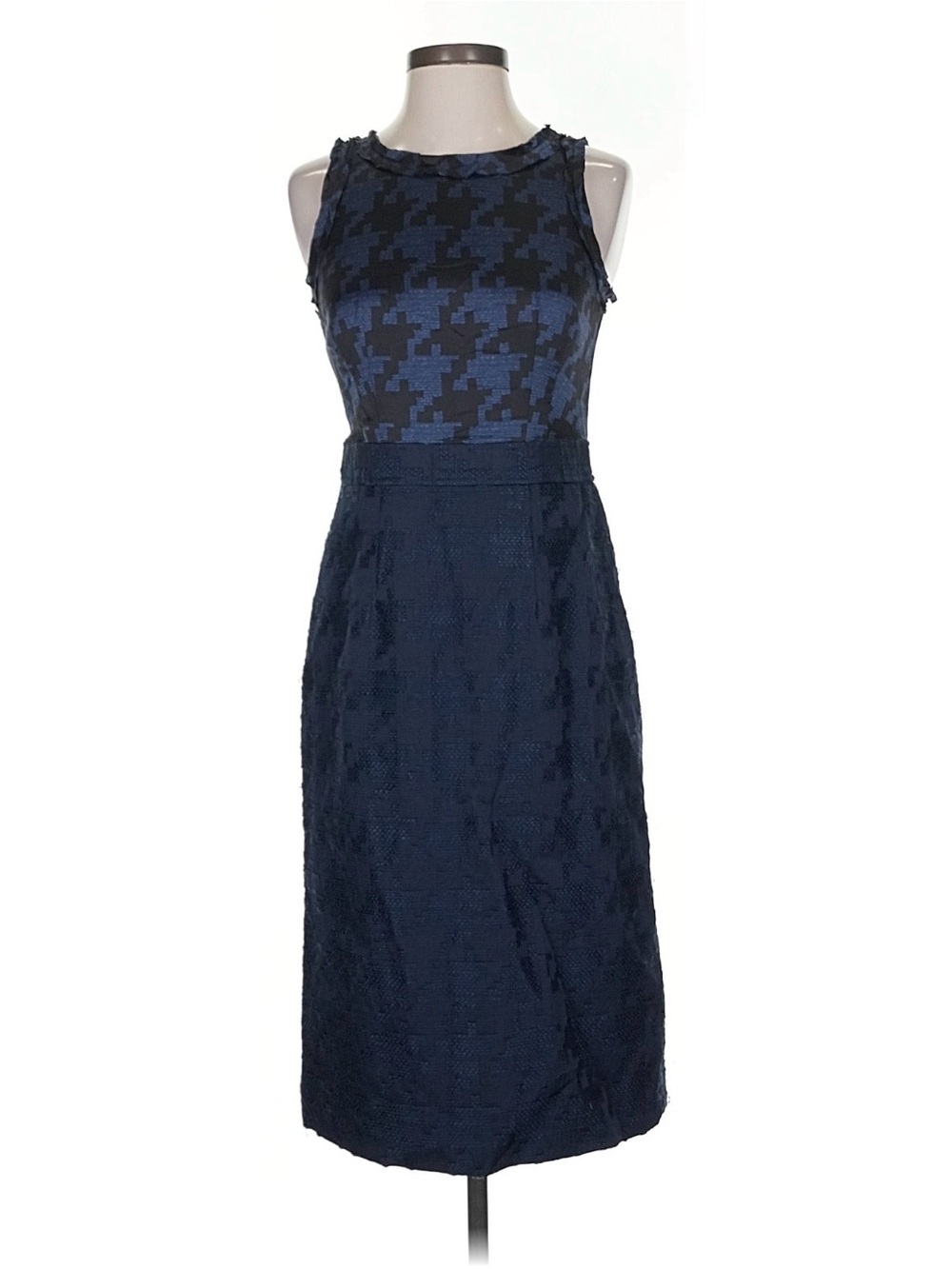 Banana Republic Mad Men Navy Silk Sleeveless Houndstooth- Jacard Midi Dress